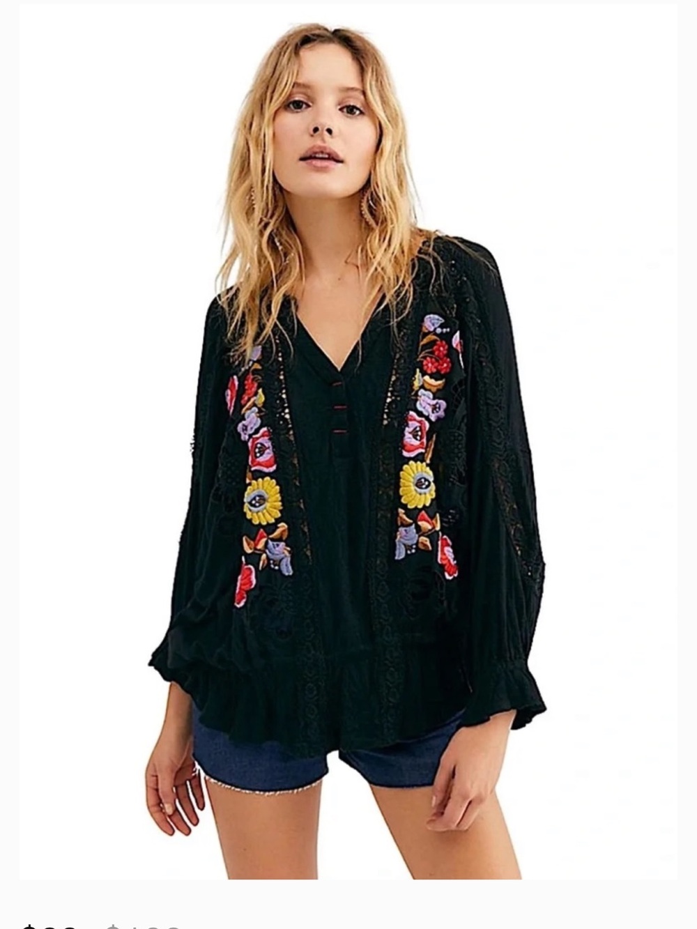 Free People Serafina Embroidered Blouse Size X Small EUC Oversized